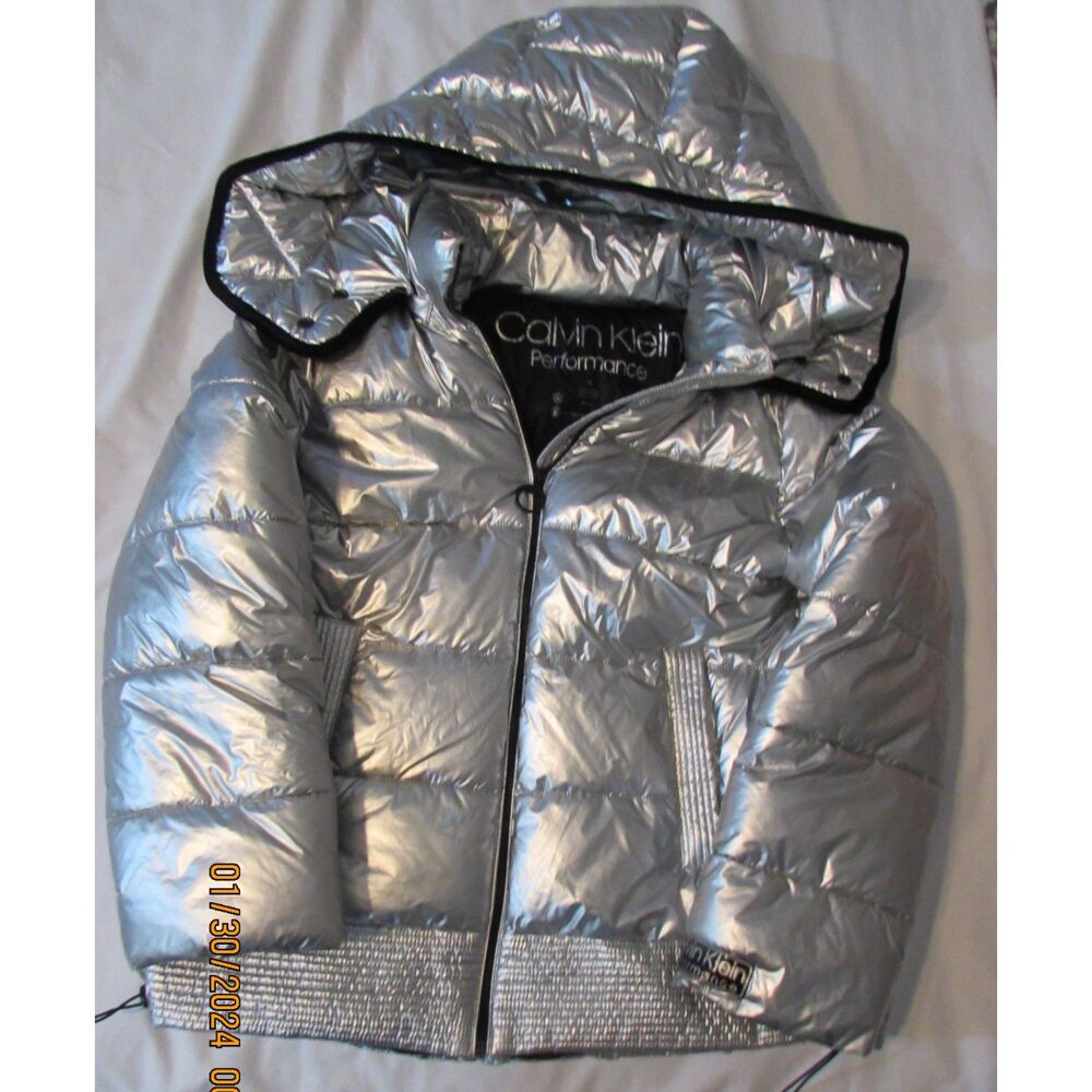 CALVIN KLEIN PERFORMANCE PUFFER COAT JACKET METALIC SILVER SIZE M HOODED